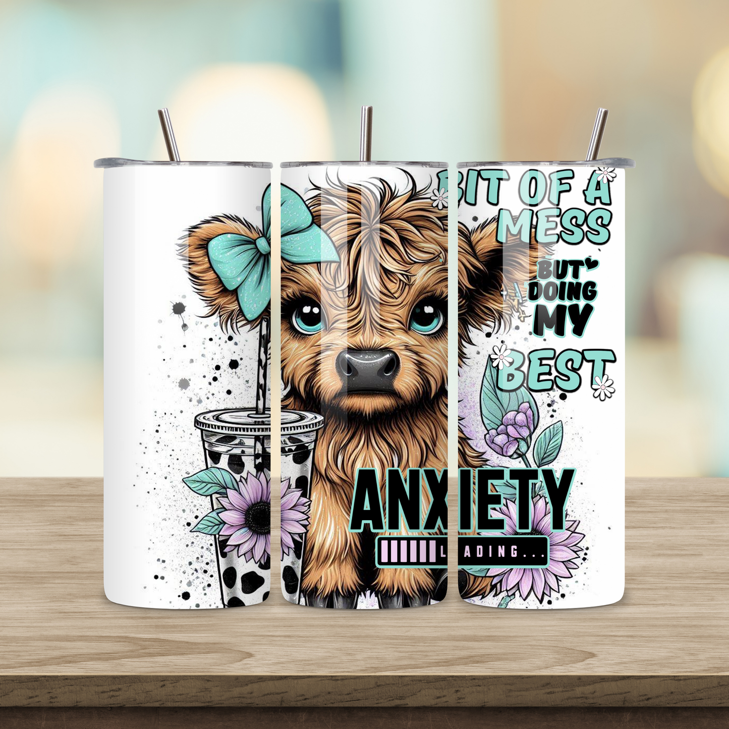 20oz Sublimation Tumbler - Highland Cow Anxiety Loading