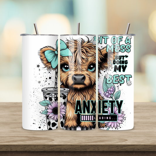 20oz Sublimation Tumbler - Highland Cow Anxiety Loading